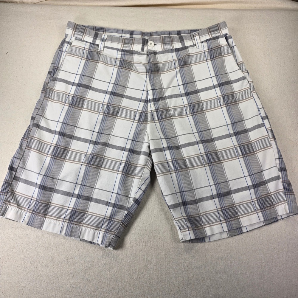 Burnside Mens Plaid Flat Front Shorts White Grey Blue Size 38 Summer sku455